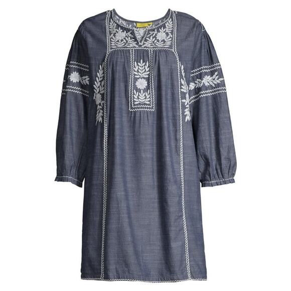 Roller Rabbit Abigail Dress Size Medium Boho Embroidered Blue White Cotton Denim - Picture 2 of 9